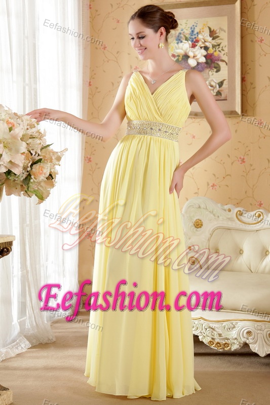 V-neck Long Beaded Ruched Light Yellow Chiffon Pageant Dresses