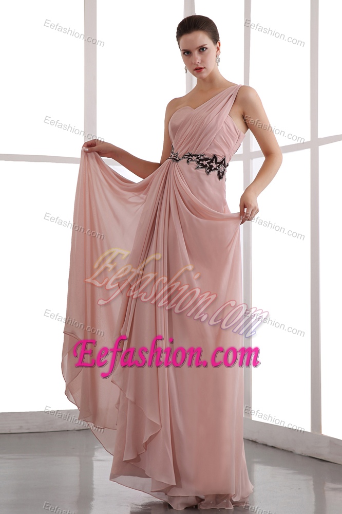 One Shoulder Long Ruched Rose Pink Pageant Dress with Appliques