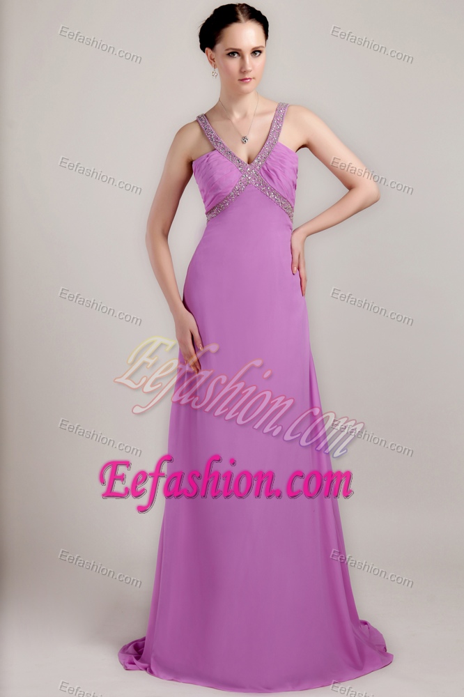 V-neck Brush Train Ruched Lavender Chiffon Beaded Pageant Dress on Sale