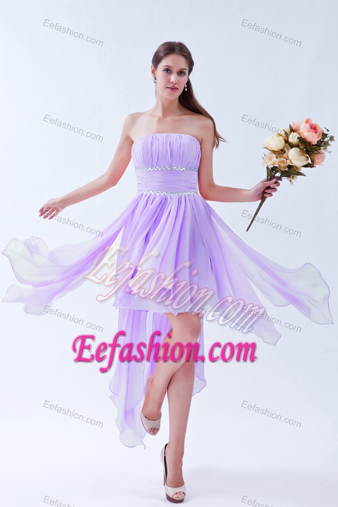 Strapless Asymmetrical Ruched Lilac Chiffon Pageant Dresses with Beading