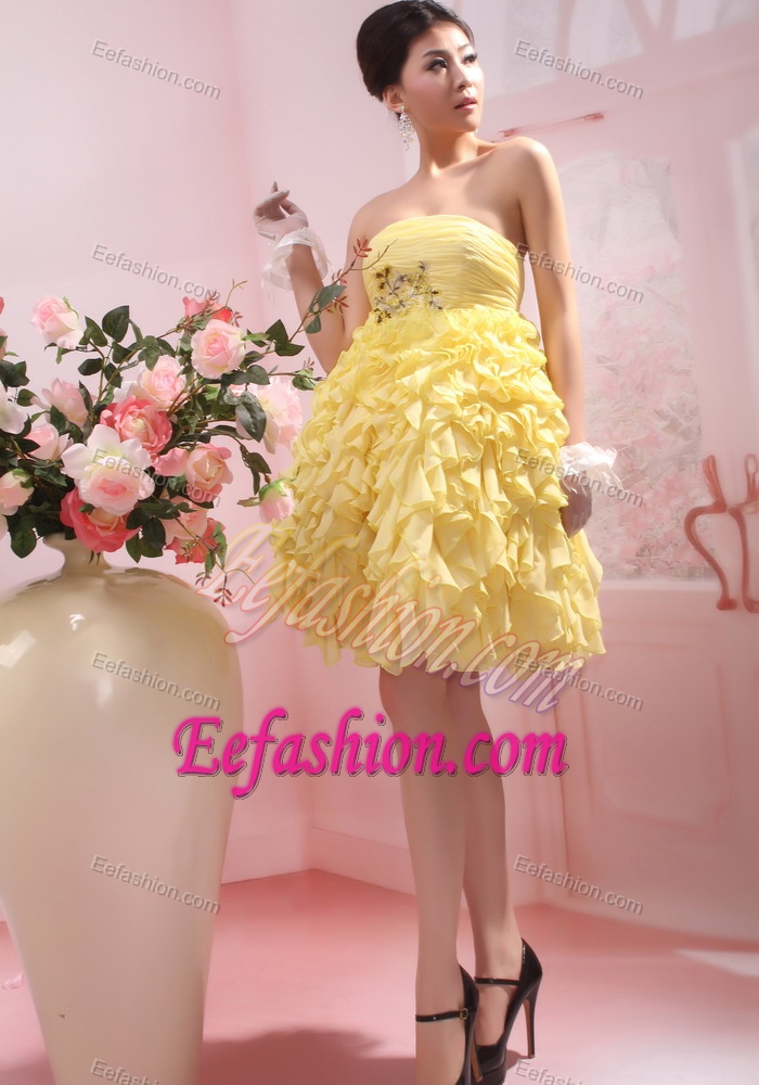 Strapless Mini-length Light Yellow Pageant Dress with Ruffles and Appliques