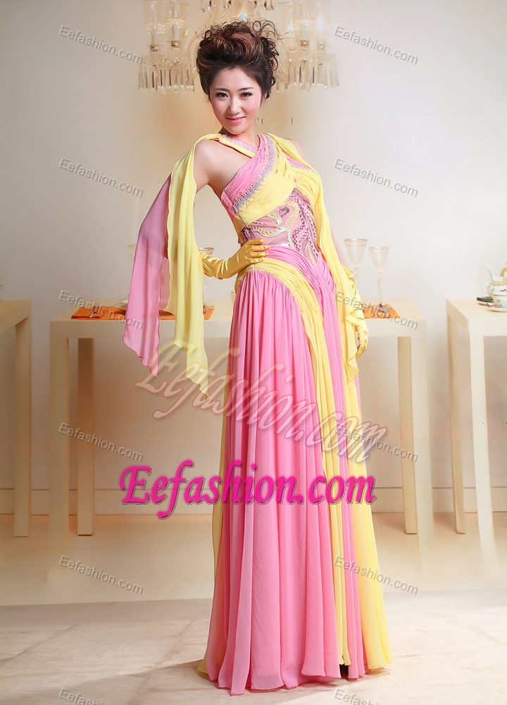 Luxurious Baby Pink and Yellow Chiffon Spring Designer Girl Pageant Dress