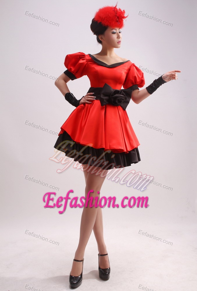 Sexy Short Sleeves Red and Black Little Girls Formal Dresses with Bowknot