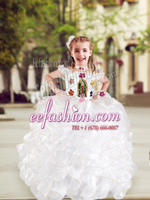 Fine White Organza and Taffeta Lace Up Flower Girl Dresses for Less Cap Sleeves Floor Length Beading and Appliques and Ruffles