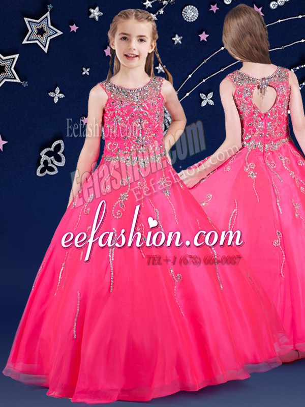 Stunning Scoop Beading Pageant Dress for Teens Hot Pink Zipper Sleeveless Floor Length