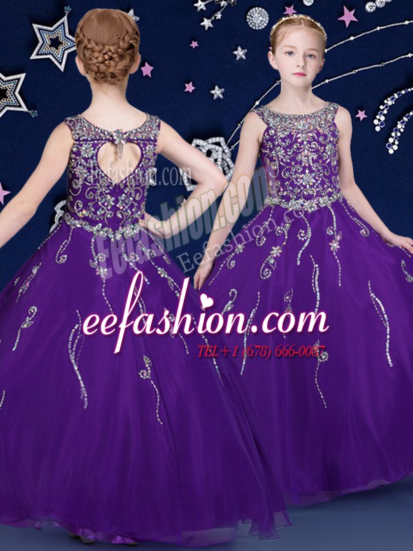  Scoop Purple Sleeveless Floor Length Beading Lace Up Pageant Dress Womens
