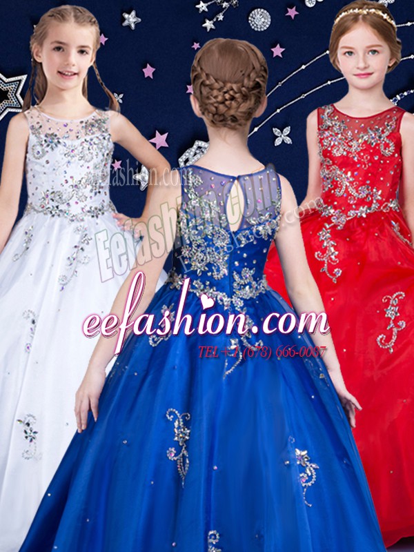  Scoop Floor Length Zipper Pageant Dress White and Red and Royal Blue for Quinceanera and Wedding Party with Beading