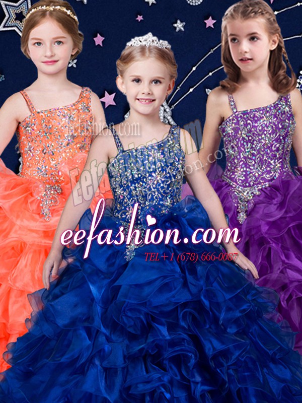 Classical Asymmetric Sleeveless Organza Custom Made Pageant Dress Beading and Ruffles Lace Up