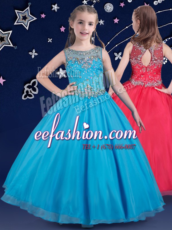  Scoop Floor Length Baby Blue Pageant Dress for Teens Organza Sleeveless Beading
