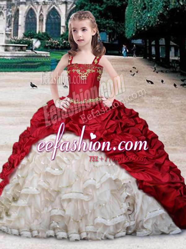  Straps White and Wine Red Organza and Taffeta Lace Up Winning Pageant Gowns Sleeveless Floor Length Beading and Appliques and Ruffles and Pick Ups