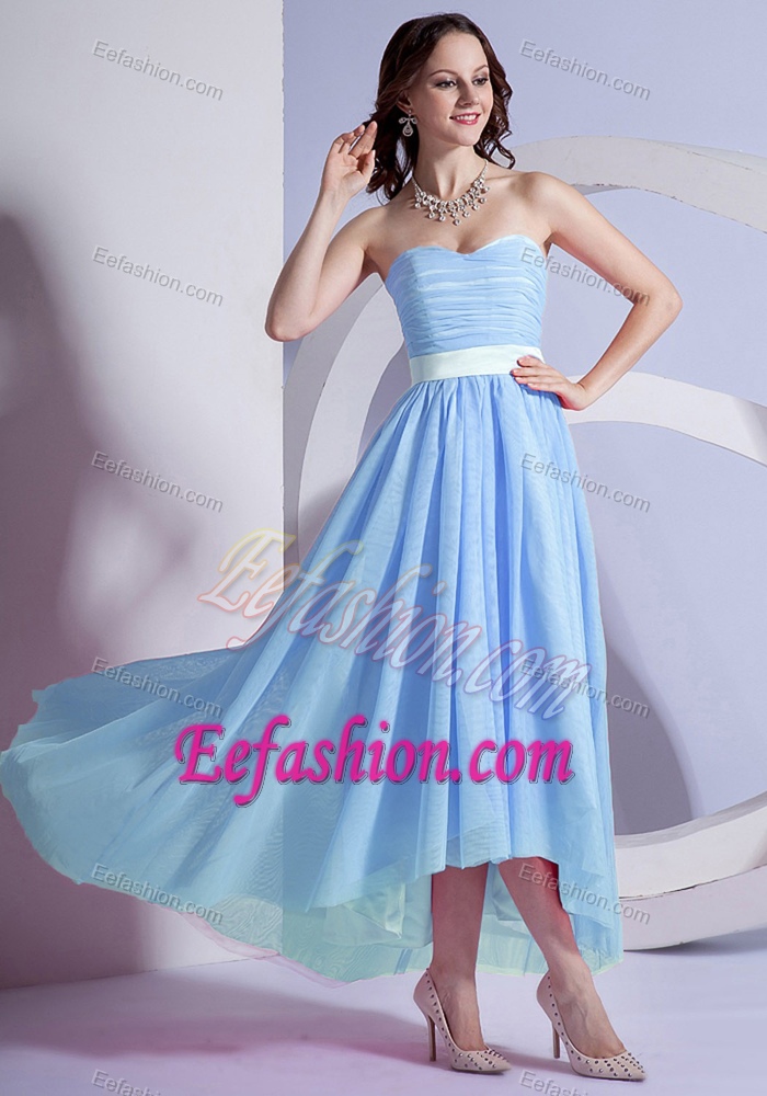 Light Blue Sweetheart Chiffon High-low Prom Party Dress with Belt and Ruching