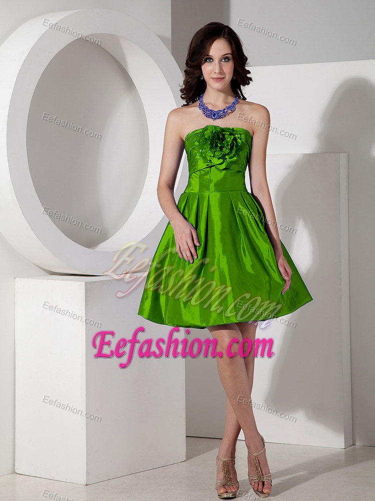 Modest Spring Green A-line Strapless Party Dress in with Hand Flowers