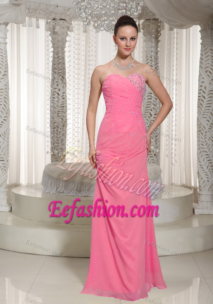 Most Popular Pink Sweetheart Ruched and Beaded Party Long Dress