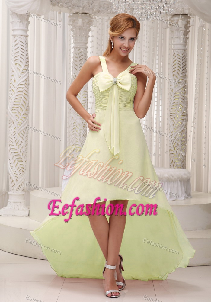 New Light Yellow Beautiful High-low Prom Party Dress with Bowknot