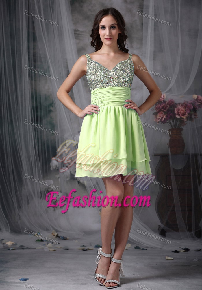 Yellow Green Empire Straps Short Party Dress with Beading on Sale