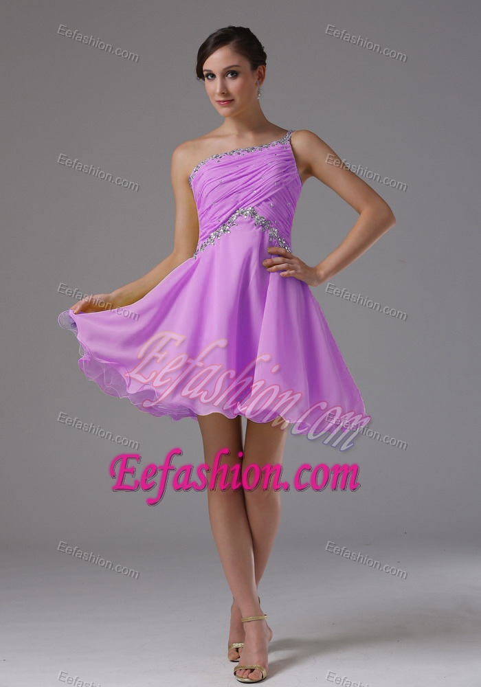 Beaded One Shoulder Rose Pink Prom Dress for Party with Ruching