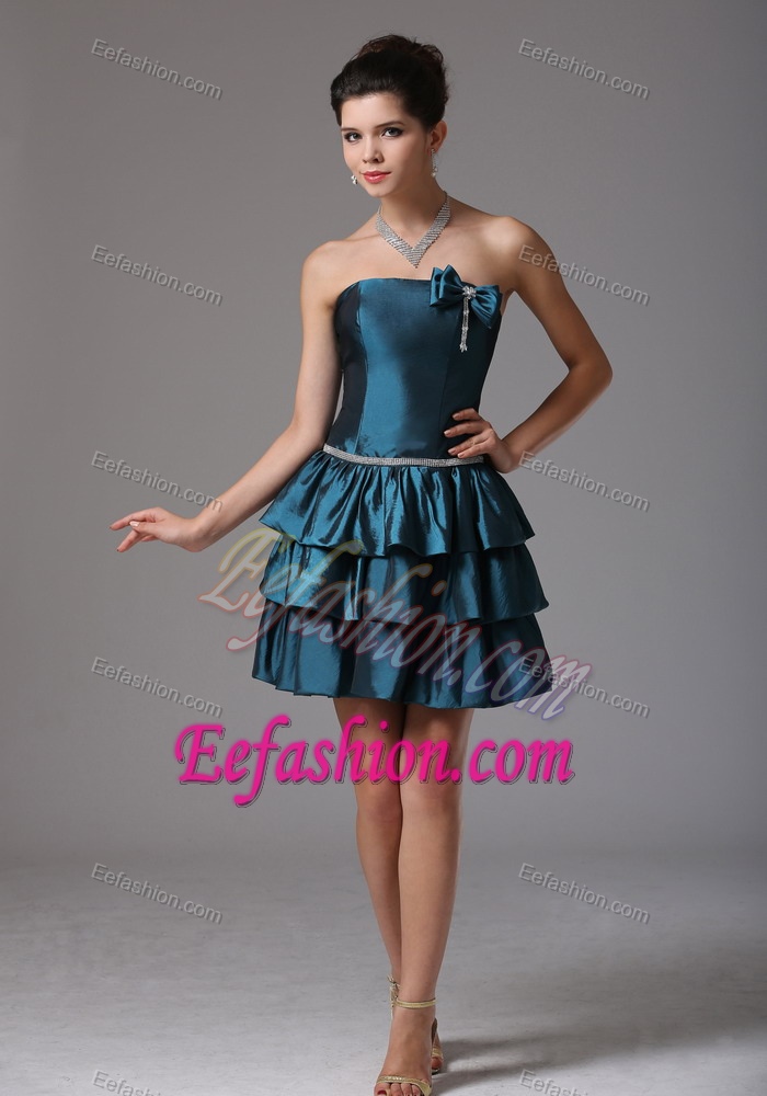 Custom Made Beaded Party Dresses with Ruffled Layers and Bow in Blue