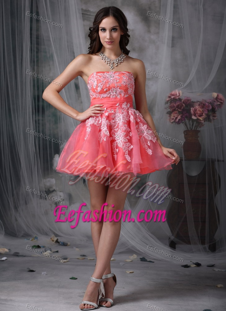 Watermelon A-line Strapless Organza Cocktail Party Dress with Appliques