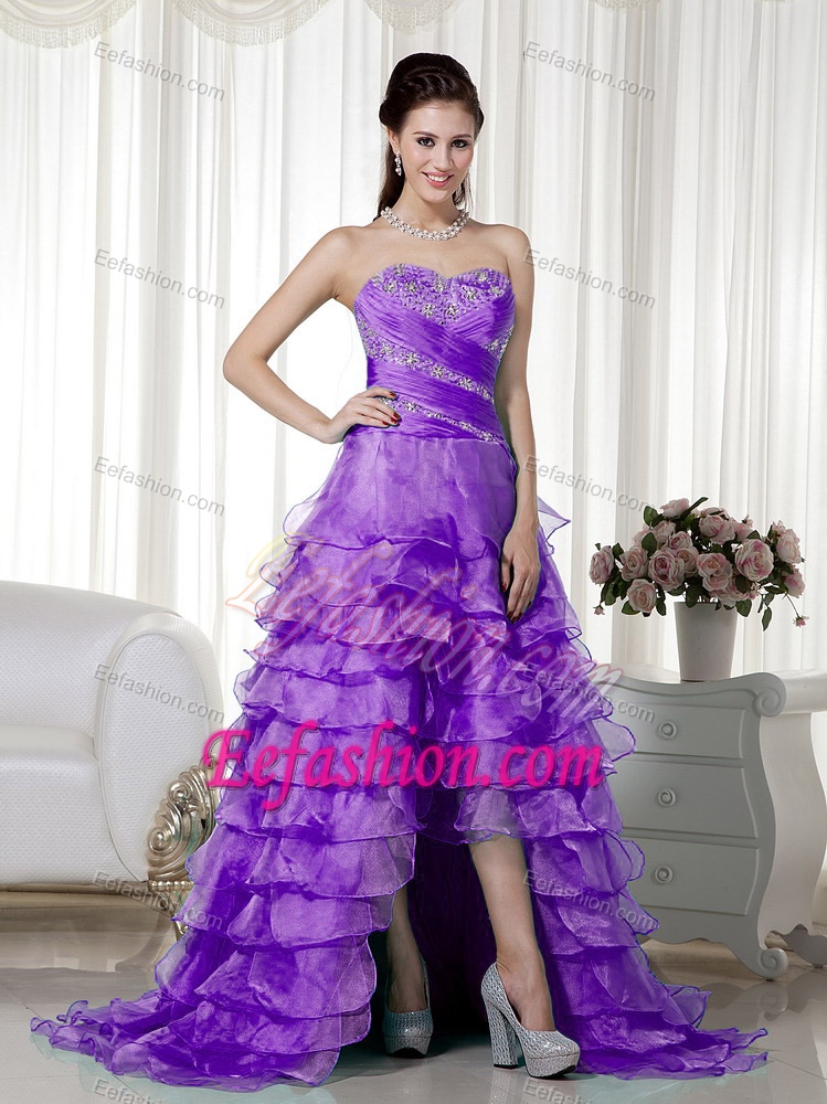 Purple Sweetheart Brush Train Organza Cocktail Party Dress with Beading