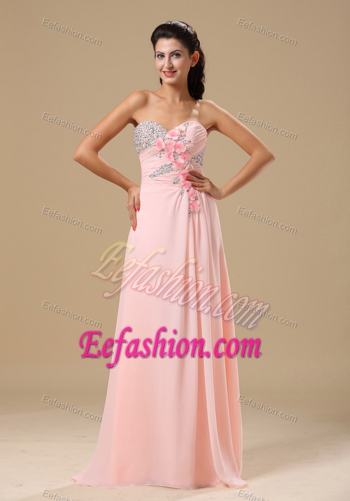 Peach Pink Chiffon Evening Party Dress with Beading and Handle Flowers