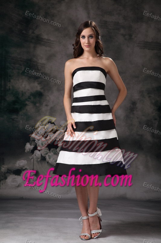 Black and White A-line Strapless Satin Evening Party Dress to Knee-length