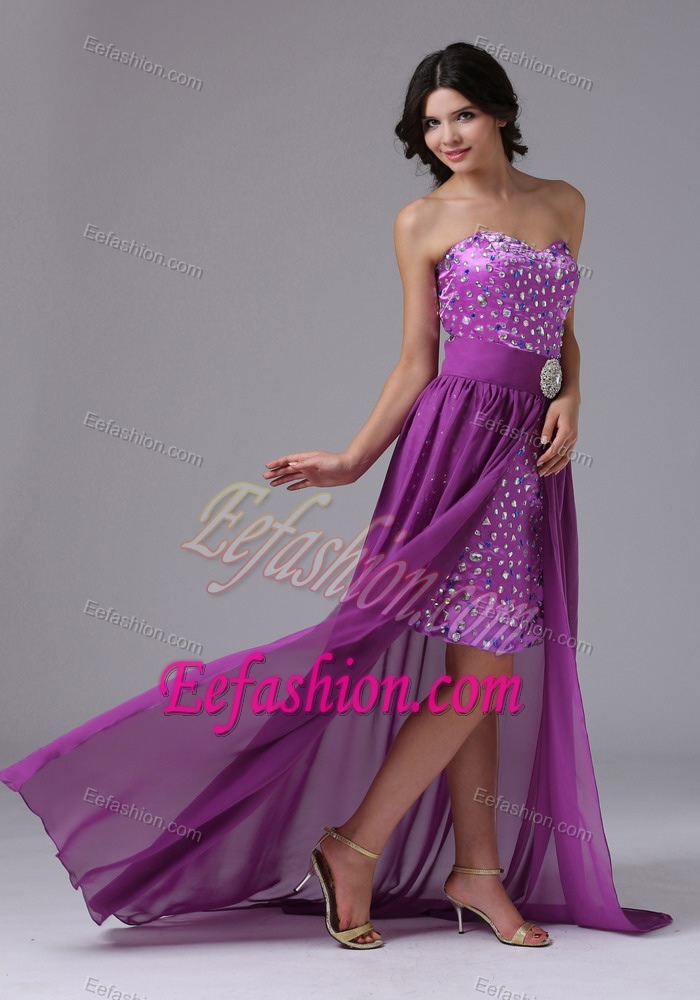 Discount High-low Chiffon Evening Party Dress in Purple with Rhinestones