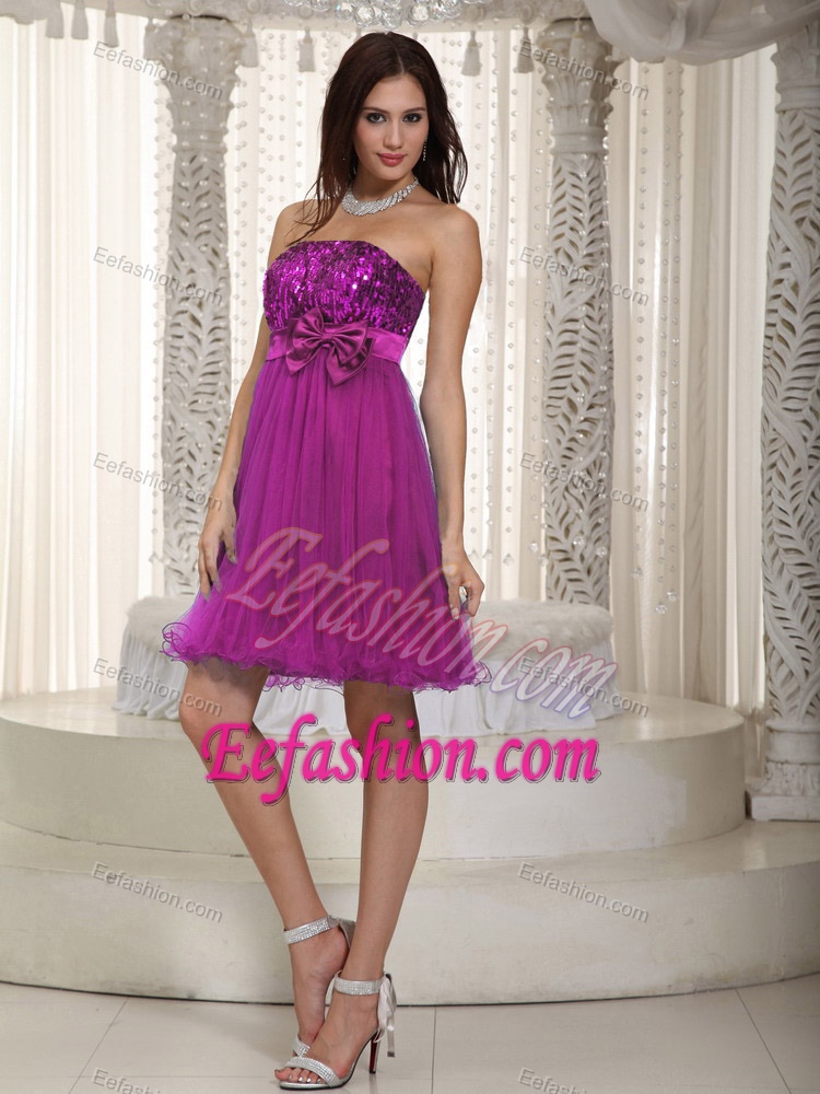 Fuchsia Strapless Organza and Sequin Birthday Party Dress with Bowknot