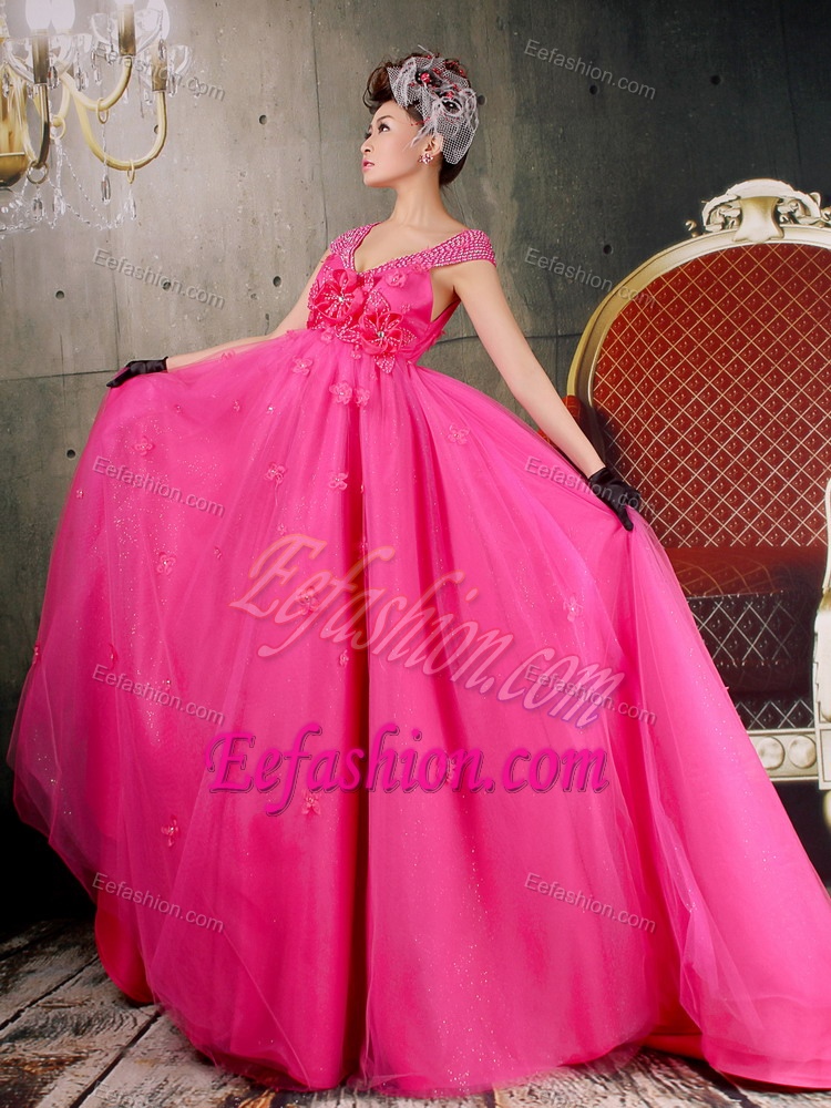 Beautiful Hot Pink Evening Party Dresses with Flowers and Cap Sleeves