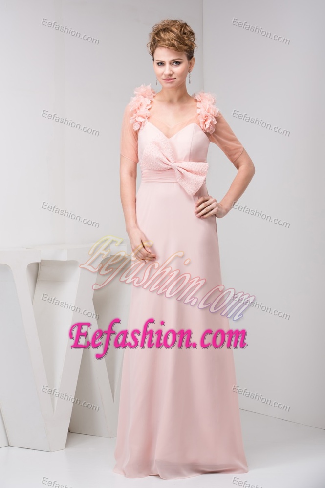 Pretty V-neck Brush Train Pink Prom Party Dress with Bowknot and Flower