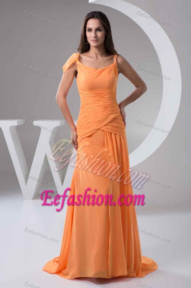 Chiffon Prom Party Dresses with Brush Train and Ruche in Orange