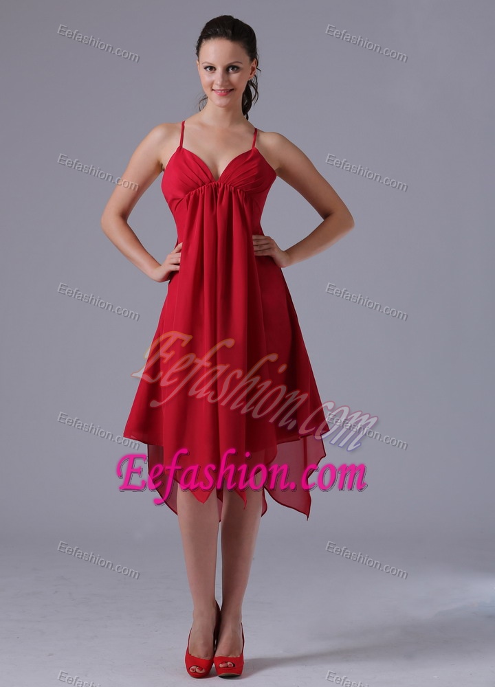 Wine Red Spaghetti Straps Asymmetrical Maid of Honor Dress with Ruching