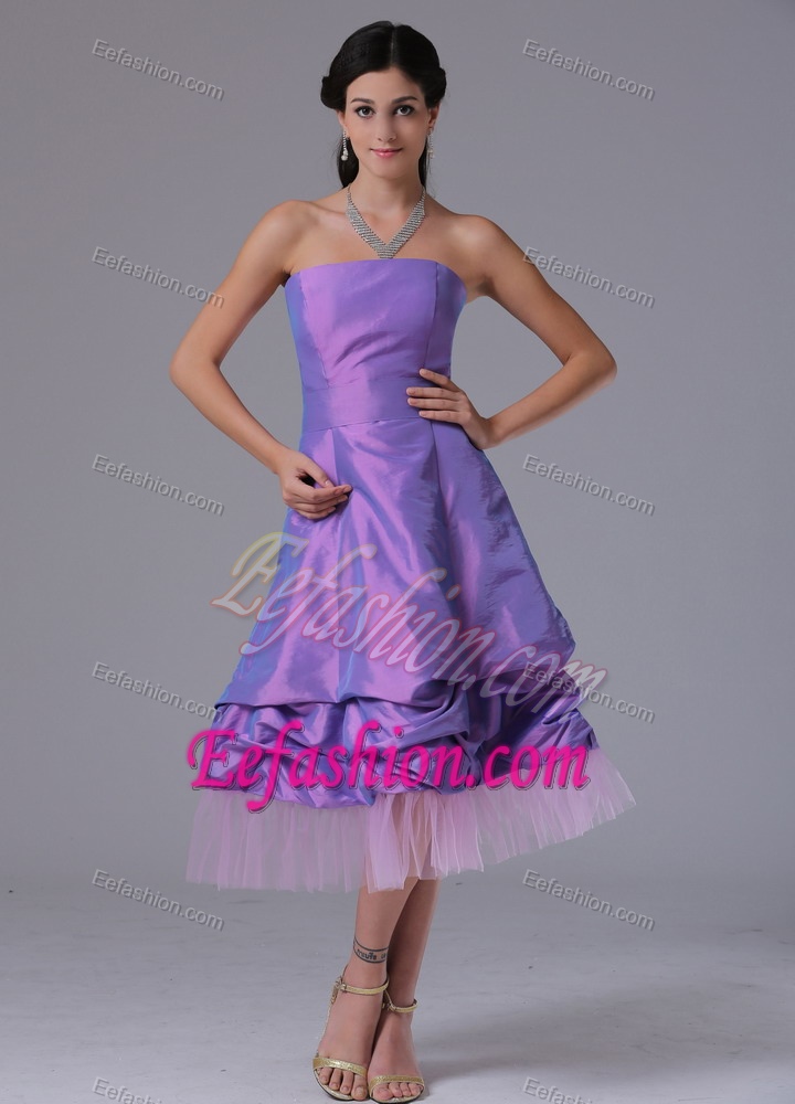 Lavender Strapless A-line Top Bridesmaid Dress in Tea-length with Pick-ups