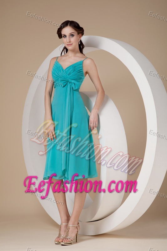 Turquoise Spaghetti Straps Knee-length Dress for Bridesmaid with Bowknot