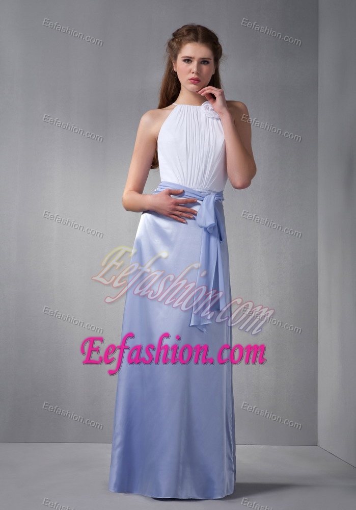 Affordable White and Lilac Scoop Bridesmaid Dress with Sash in Long