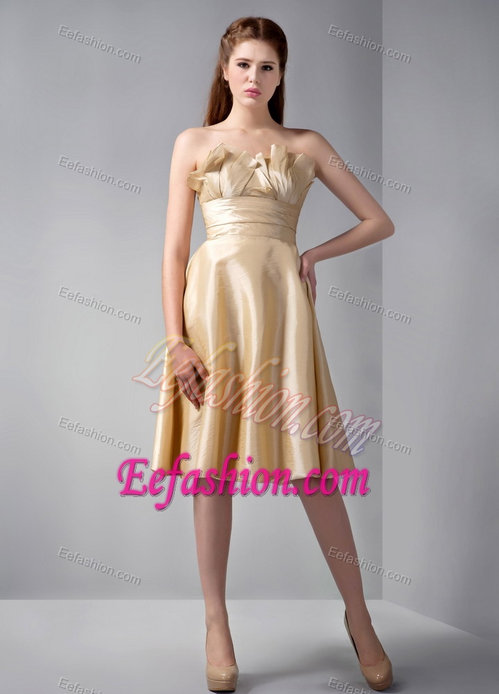 Strapless Ruffled Bridesmaid Dresses with Knee-length in Gold on Promotion