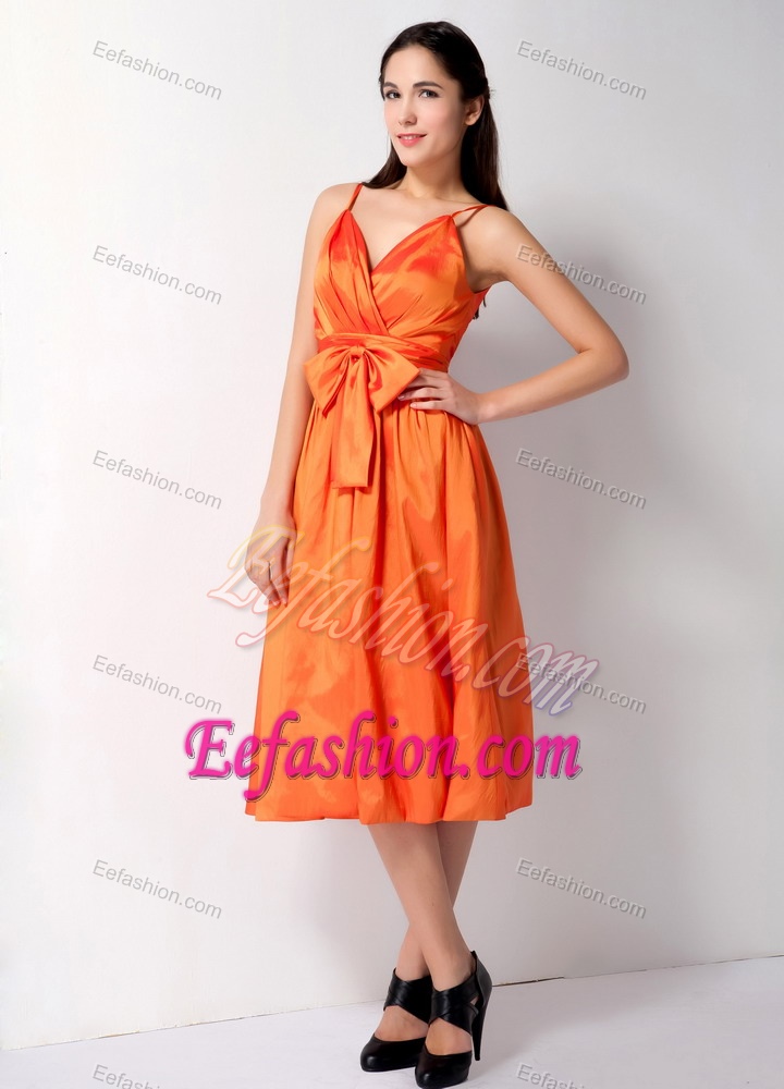 Cheap Orange Maternity Bridesmaid Dress with Straps and Bowknot in Taffeta