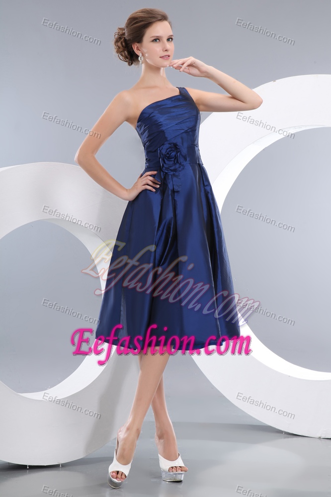Navy Blue One Shoulder Perfect Bridesmaid Dress with Handle Flower