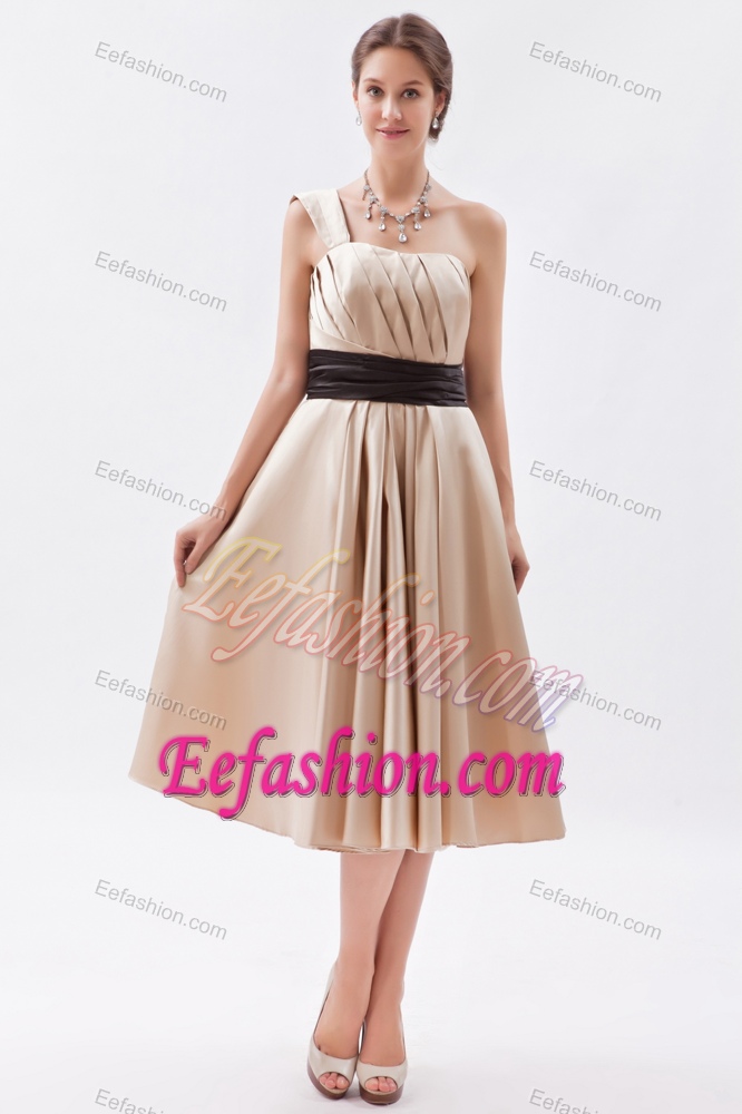 Champagne and Brown One Shoulder Mother Dress with Ruches in Tea-length