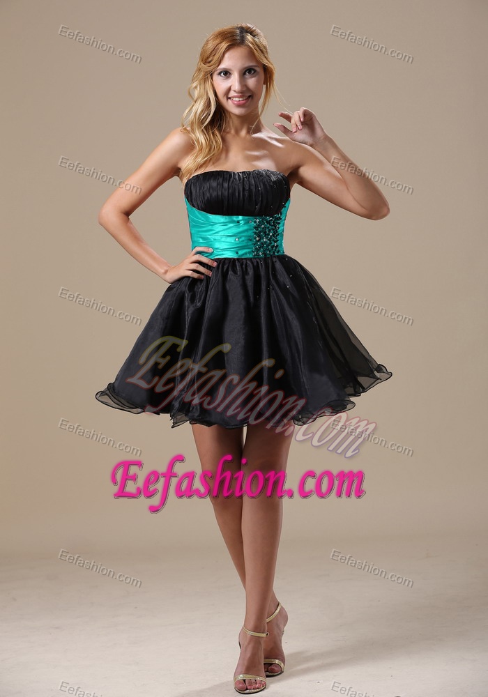 Ruching and Beading Prom Graduation Dress with Mini-length in Black and Blue