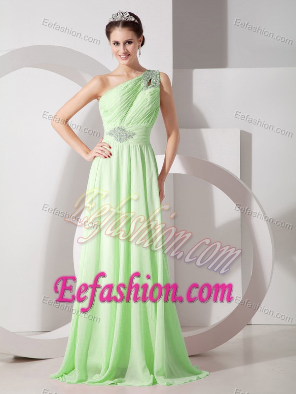 One Shoulder Chiffon Prom Grad Dress in Yellow Green with Beads and Ruches