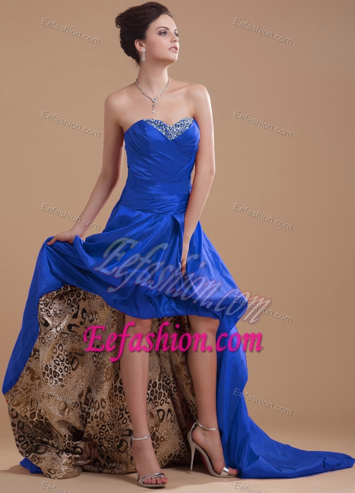 Royal Blue High-low Sweetheart Prom Graduation Dress with Ruches and Beads
