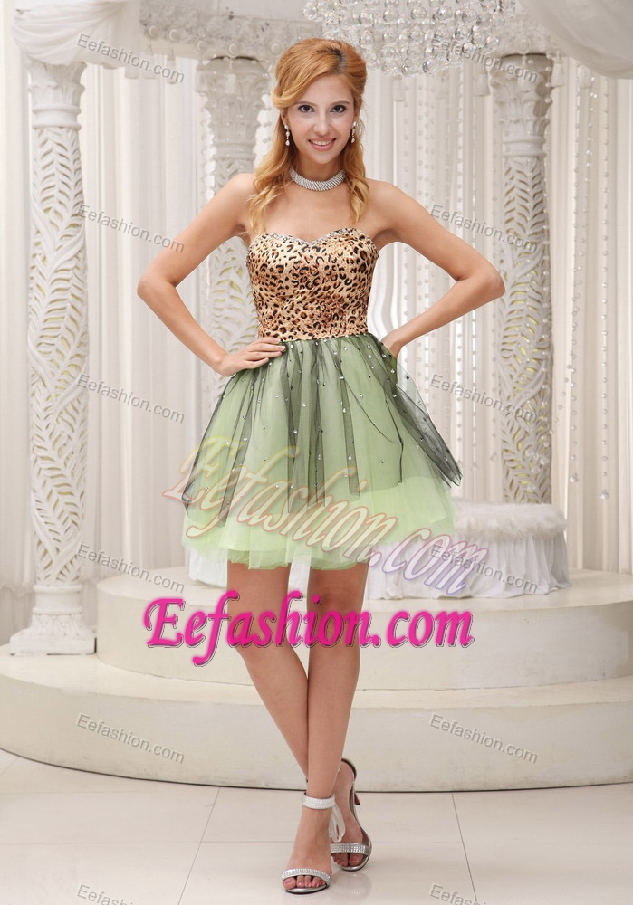 Sweetheart Mini-length Green Tulle and Leopard Beaded Prom Cocktail Dresses