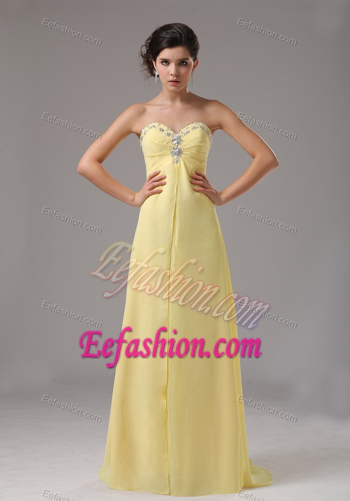 Light Yellow Sweetheart Long Chiffon Prom Evening Dress with Beading