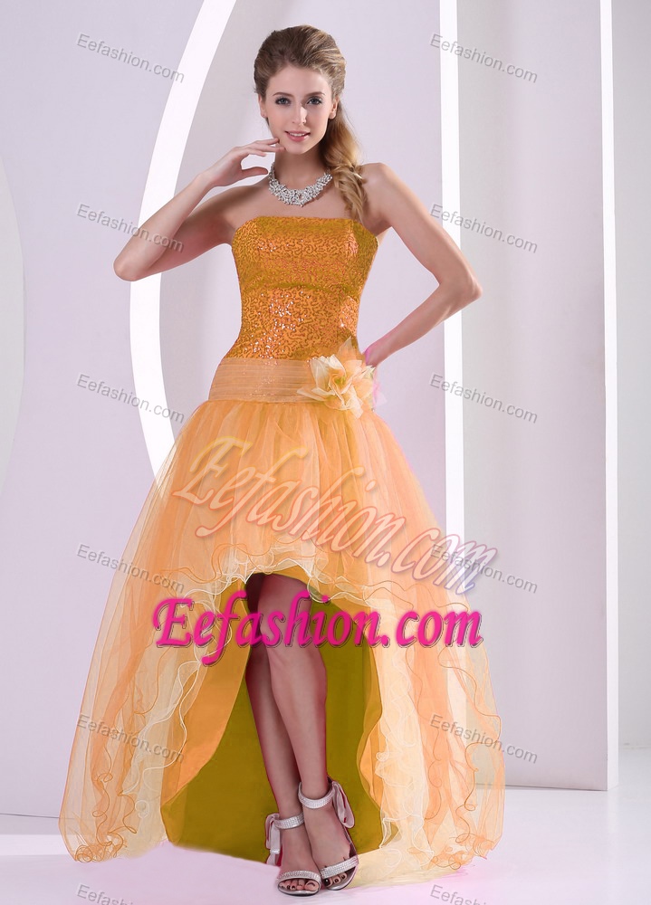 Strapless High-low Orange Sequin and Tulle Prom Homecoming Dress for Less
