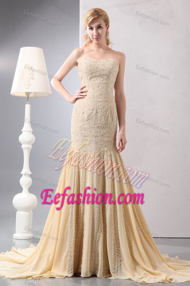 Champagne Strapless Court Train Chiffon Prom Evening Dress with Appliques