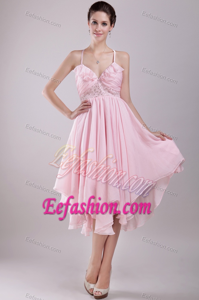 Baby Pink Spaghetti Straps Asymmetrical Ruched Beaded Prom Evening Dress