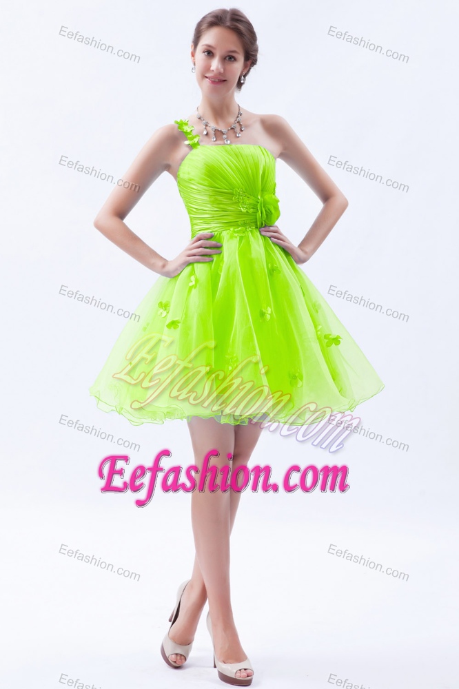 Spring Green One Shoulder Mini-length Ruched Prom Dress for Girl with Flowers