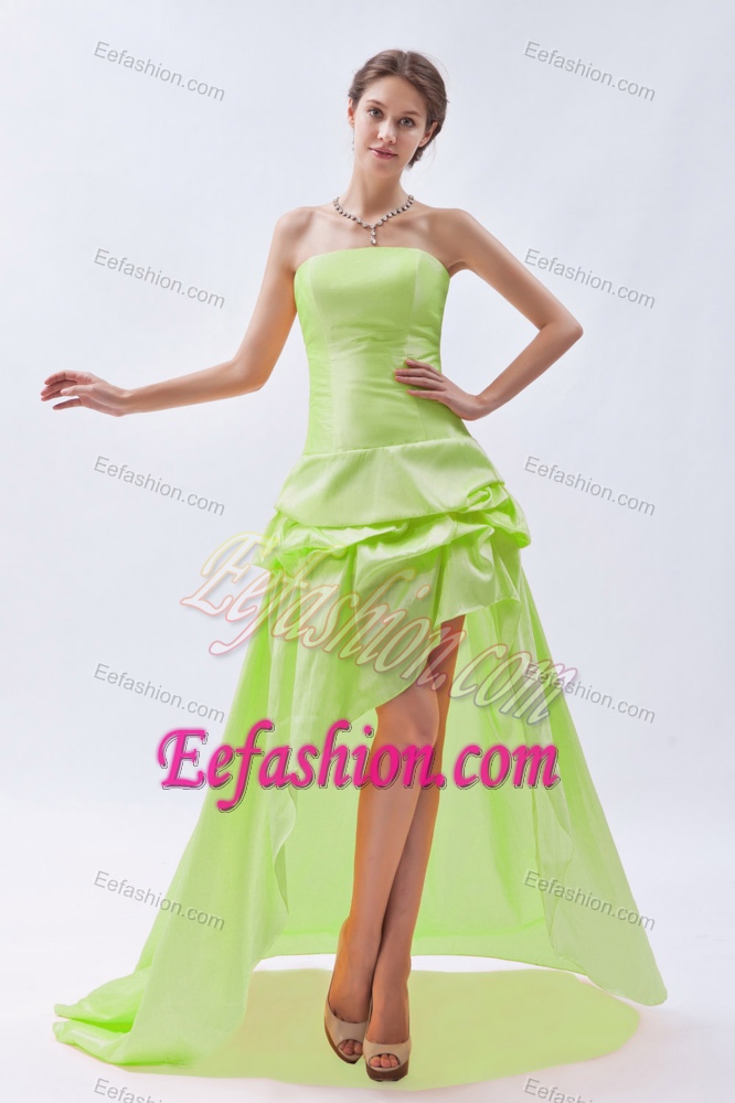 High-low Strapless Yellow Green Prom Homecoming Dress with Pick-ups