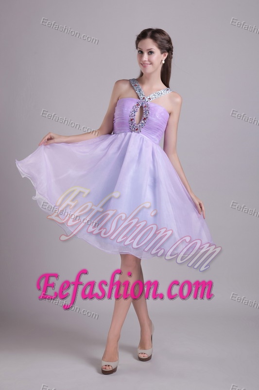 Knee-length Lilac Organza Ruched Beaded Prom Dress for Juniors with Cutouts