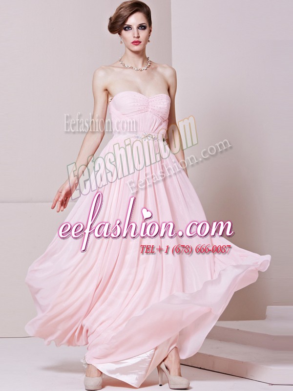 Flirting Floor Length Baby Pink Prom Evening Gown Chiffon Sleeveless Beading